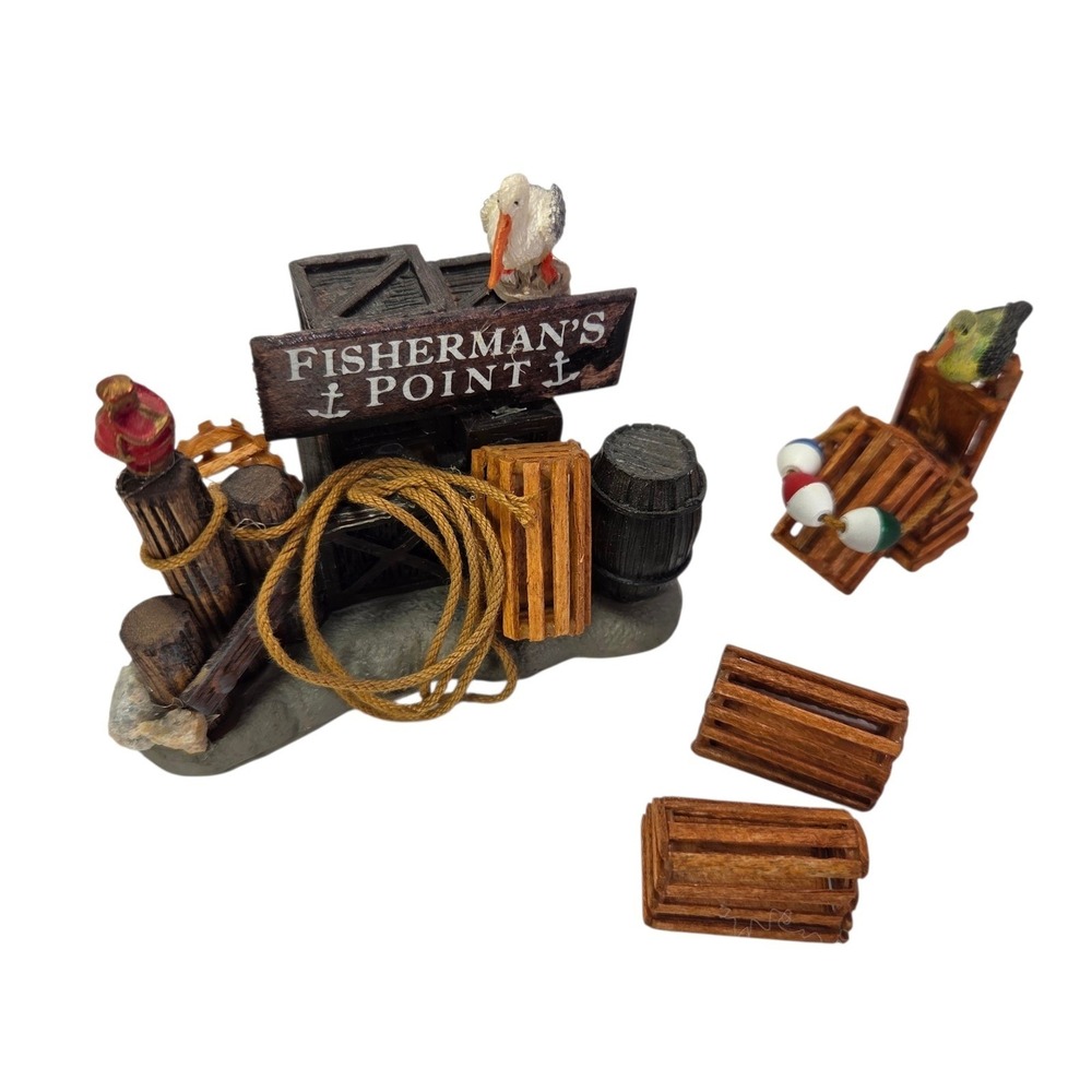 Lemax Fishermans Point Wooden Lobster Traps Seagull Pelican Buoys Village Pier